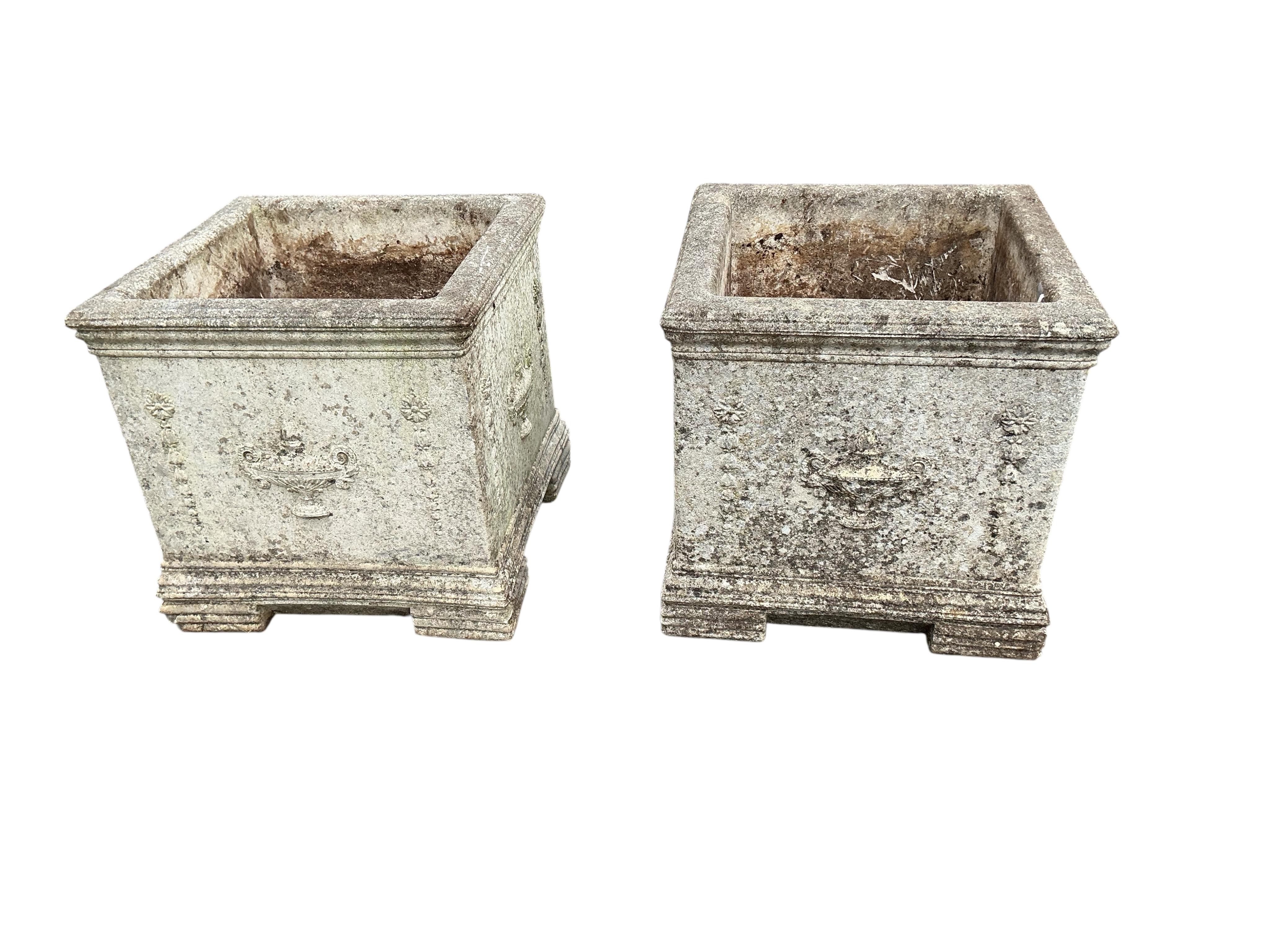 A pair of square reconstituted stone garden planters, 39cm, height 40cm